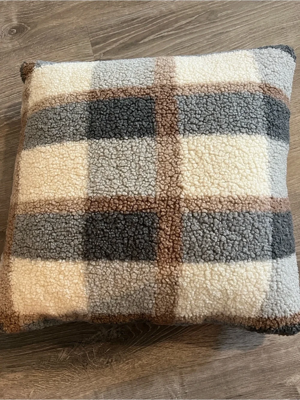 Plaid Sherpa Accent Pillow in Cream, Gray & Brown